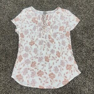 C Como Vintage Floral Peasant Blouse Tie Neck Boho White Pink Womens XL